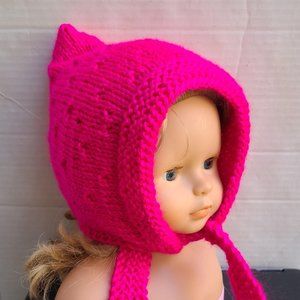 Toddler Girl Handmade Knit Pixie Hat Bright Pink Size 12-24 Months